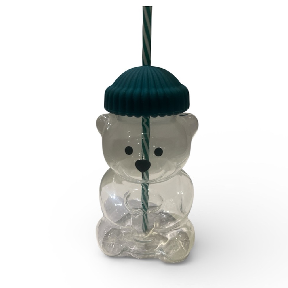 Clear glass Bear Shaped Cup with Green Straw coffee mug iced drink cocktail